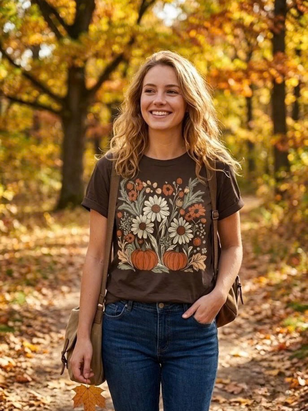 Vintage Fall Daisy Pumpkin Graphic Tee Brown Autumn Floral T-Shirt